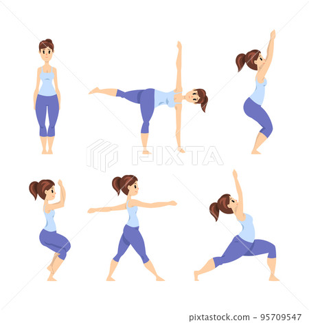 Young Woman Standing in Yoga Pose and Asana Practicing and Stretching Vector Set Young Woman Standing in Yoga Pose and Asana Practicing and Stretching Vector Set 95709547