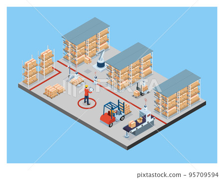 3D isometric automated warehouse robots and Smart warehouse technology Concept with Warehouse Automation System and Robot Transportation operation service. Vector illustration EPS 10 95709594