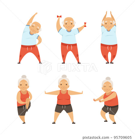 Senior Man and Woman with Grey Hair Doing Physical Exercises Stretching Vector Set 95709605