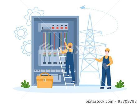 Lighting and Electricity Energy Maintenance Service Panel Cabinet of Technician Electrical Work on Flat Cartoon Hand Drawn Templates Illustration 95709798