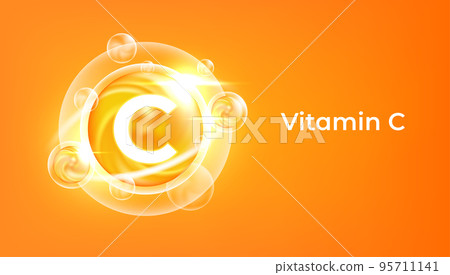 Vitamin C golden vector treatment. Vitamin gold oil pill icon. Skin care natural nutrition. 95711141