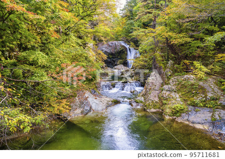 Scenery of autumn leaves Sekiyama Falls in autumn Higashine City, Yamagata Prefecture 95711681