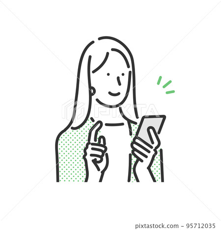 Illustration material of a female business person operating a smartphone with a smile 95712035