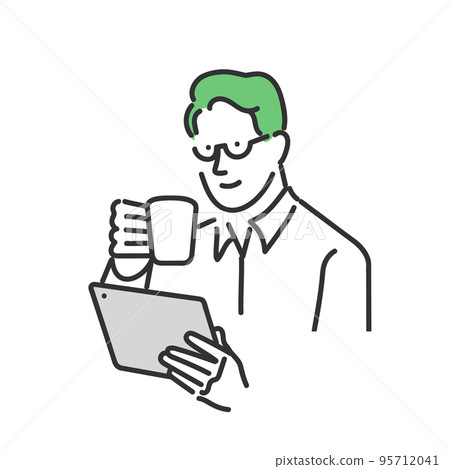 Illustration material of a male business person looking at a tablet while drinking coffee 95712041