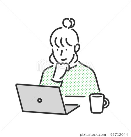 一個女人一邊喝咖啡一邊看筆記本電腦的插圖素材 一個女人一邊喝咖啡一邊看筆記本電腦的插圖素材 95712044