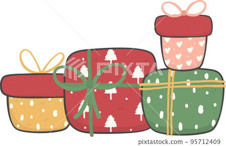 cute stacked colourful Christmas present gift box cartoon doodle hand drawing 95712409