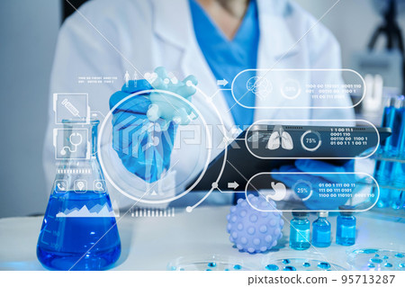 Coronavirus COVID 19 medical test vaccine research and development concept. Scientist in laboratory study and analyze scientific sample of Coronavirus Coronavirus COVID 19 medical test vaccine research and development concept. Scientist in laboratory study and analyze scientific sample of Coronavirus 95713287