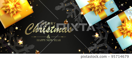 Festive Christmas design with gift boxes on black background Festive Christmas design with gift boxes on black background 95714679