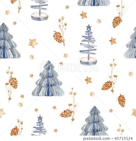 Watercolor seamless pattern, Christmas textile and wrapping paper decoration. Winter holiday decor. New Year illustration. Polygraphy decoration, textile and wrapping paper design. 95715124