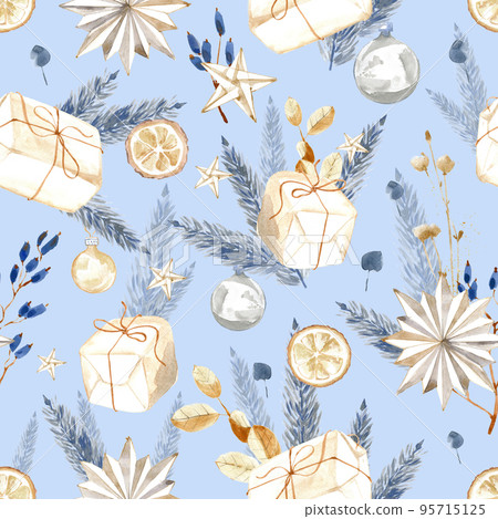 Watercolor seamless pattern, Christmas textile and wrapping paper decoration. Winter holiday decor. New Year illustration. Polygraphy decoration, textile and wrapping paper design. Watercolor seamless pattern, Christmas textile and wrapping paper decoration. Winter holiday decor. New Year illustration. Polygraphy decoration, textile and wrapping paper design. 95715125
