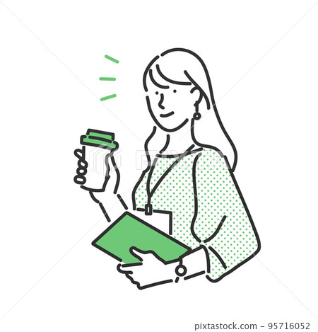 Illustration material of a working female business person holding coffee in one hand 95716052