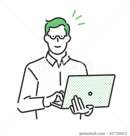 Illustration material of a male business person with glasses holding a laptop 95716053