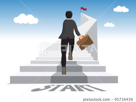 businessman walking up white stairs Growing business travel ideas and paths to success. flat design vector illustration 95716439