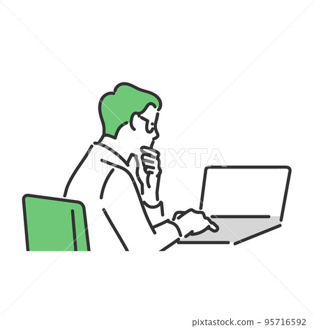 Illustration material of a male business person who opens a laptop computer and thinks about it Illustration material of a male business person who opens a laptop computer and thinks about it 95716592