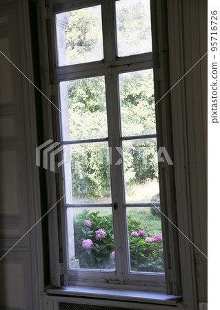Beautiful wooden frame window in old building without people 95716726