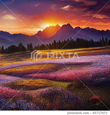 Beautiful sunset landscape of mountains and fields with flowers at sunset 95717073