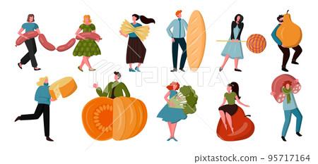 People eat food, men and women hold huge cheese, vegetables and fruits. Girl with candy snacks, healthy pasta and sausage. Buying products cartoon characters. Vector current illustration background 95717164