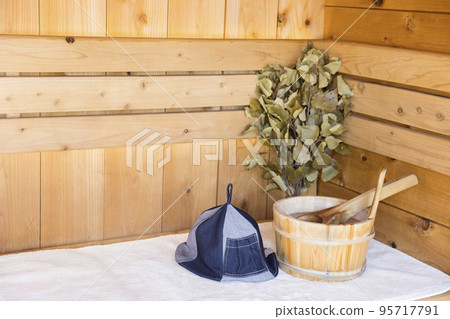 Sauna tub, vihta and sauna hat placed in the sauna Sauna item image 95717791