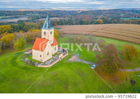 Church of St. James and Philip in Chvojen from above Church of St. James and Philip in Chvojen from above 95719622