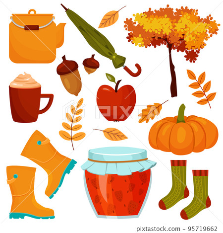 Autumn set with different isolated elements of boots, leaves, umbrella, socks and pumpkin. Vector colorful clipart for autumn design of postcards, banners or stickers. 95719662