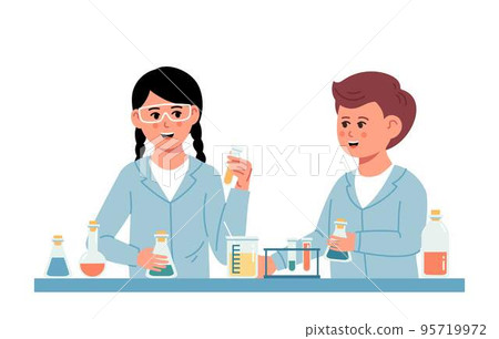 Little Students Doing Chemical Experiment. Chemistry laboratory. Little boy and girl scientist in classroom 95719972