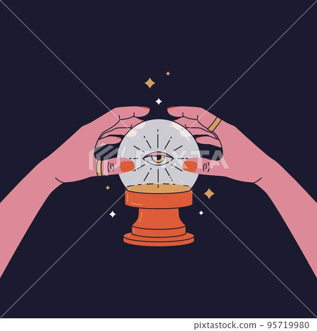 Magic crystal ball with eye of providence in hands of fortune teller. 95719980