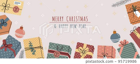 Christmas scandinavian banner with gifts. Xmas banner with Gift boxes, Christmas ball, green pine, stars 95719986