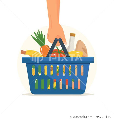 Hand holds shopping basket full of fresh produce. Buy grocery in the supermarket 95720149