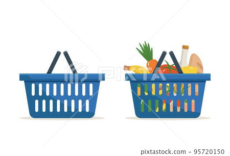 Set of empty and full products shopping basket flat vector illustrations 95720150