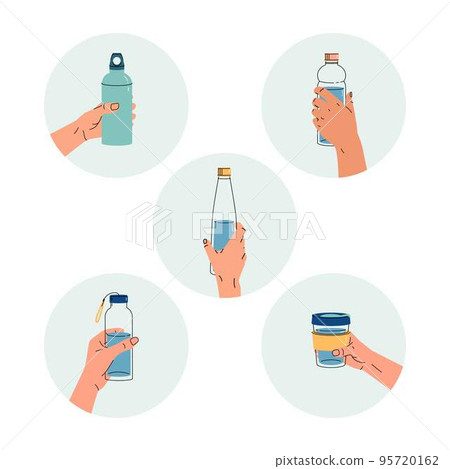 Set of reusable containers for liquids. Various poses of hands holding a bottle Set of reusable containers for liquids. Various poses of hands holding a bottle 95720162