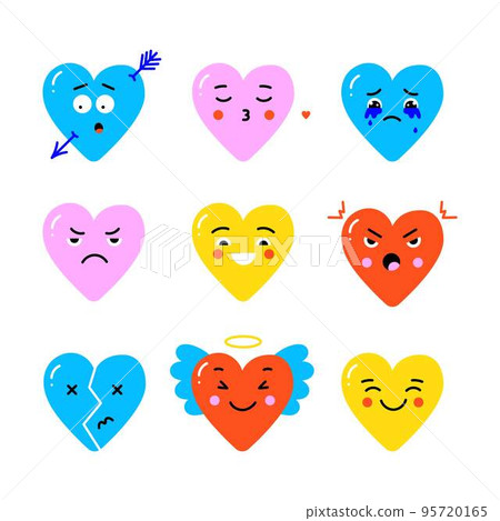 Vector hearts with different face emotions. Cute cartoon characters for valentines day. 95720165