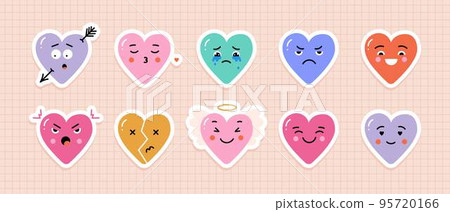 Vector hearts stickers with different face emotions. Cute cartoon characters for valentines day. Vector hearts stickers with different face emotions. Cute cartoon characters for valentines day. 95720166