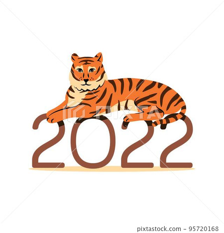 Happy New Year 2022, Year of the Tiger. Happy new year with cute tiger lying on numbers 2022. 95720168