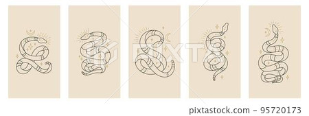 Vector outline snakes set of mystical magic objects- moon and stars. Celestial magic line serpents in trendy style Vector outline snakes set of mystical magic objects- moon and stars. Celestial magic line serpents in trendy style 95720173