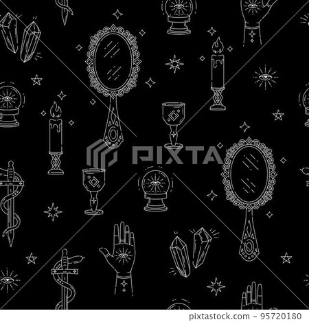 Magic seamless pattern with items, mirror, hands, crystals, eyes, snake, candles Magic seamless pattern with items, mirror, hands, crystals, eyes, snake, candles 95720180