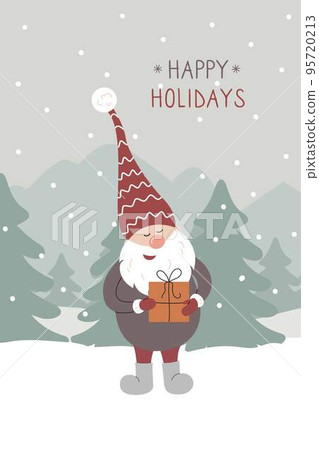 Happy Holidays greeting card. Christmas cute swedish gnome in red santa hat holding present 95720213