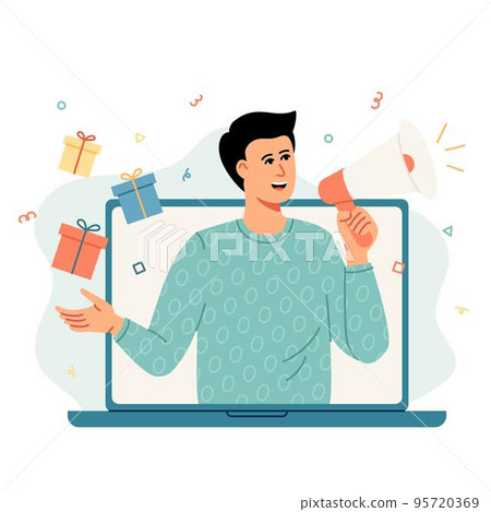 Cheerful man out laptop holding a megaphone and a gifts next to a his hand. 95720369