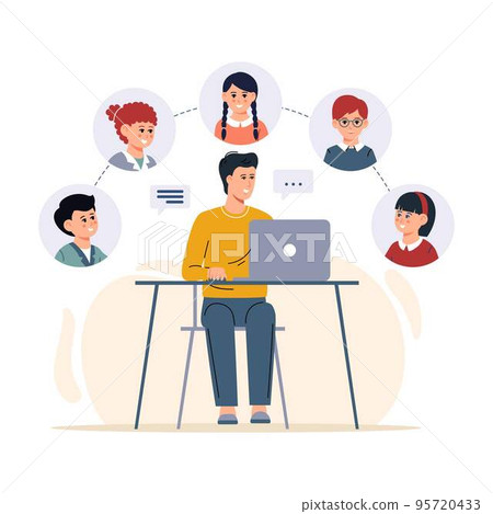 Learn from distance with teacher man, online education. Kids boy and girl studying lesson. Learn from distance with teacher man, online education. Kids boy and girl studying lesson. 95720433