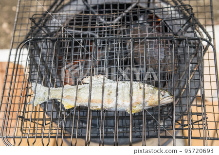 [在汽車露營地使用餘燼進行鹽烤養殖的香魚] 95720693