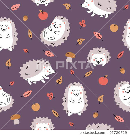 Colour seamless pattern with hedgehogs, apples, mushrooms and fall leaves. 95720729