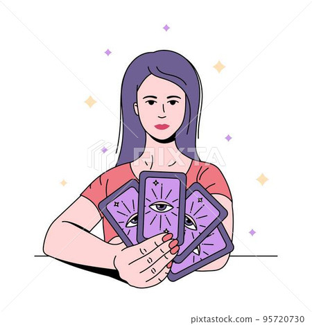 Beautiful woman prophetess, fortune-teller  holding tarot cards. Colour line vector illustration. 95720730