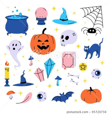 Set vector illustration of trendy cute Halloween trick or treat design elements, such as bat, bones,  pumpkins, cats, and more. 95720738