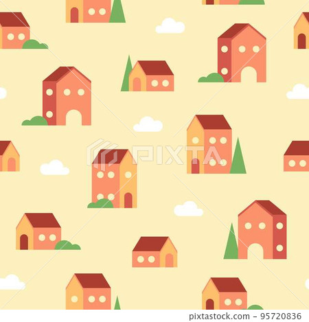 Seamless pattern of tiny geometric houses, clouds and trees in warm colors. Seamless pattern of tiny geometric houses, clouds and trees in warm colors. 95720836