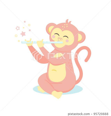Cute monkey sitting and playing on flute. Cute monkey sitting and playing on flute. 95720888