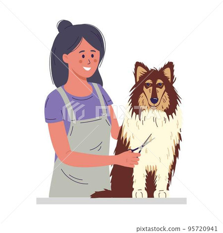 A young woman cuts a dog's fur. 95720941