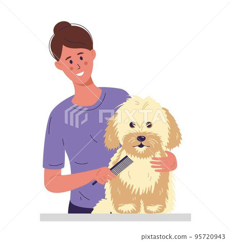 A young woman is combing a little dog 95720943