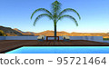 A palm tree shadowing two sun loungers with a table on a wooden deck near the pool with clear blue water against the backdrop of a mountain landscape. 3d render. 95721464