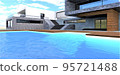 Cool blue water splashes in the pool on the grounds of the stylish estate. The staircase is visible through the surface. 3d render. 95721488