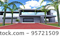 Red brick as paving stones on the road to a high-tech garage with smart aluminum automatic lifting gates. Palm trees along the white border. 3d render. 95721509