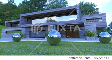 Reflective metal balls in front of the entrance to a futuristic country house lined with a special energy-efficient carbon fiber composite. 3d render. 95721514